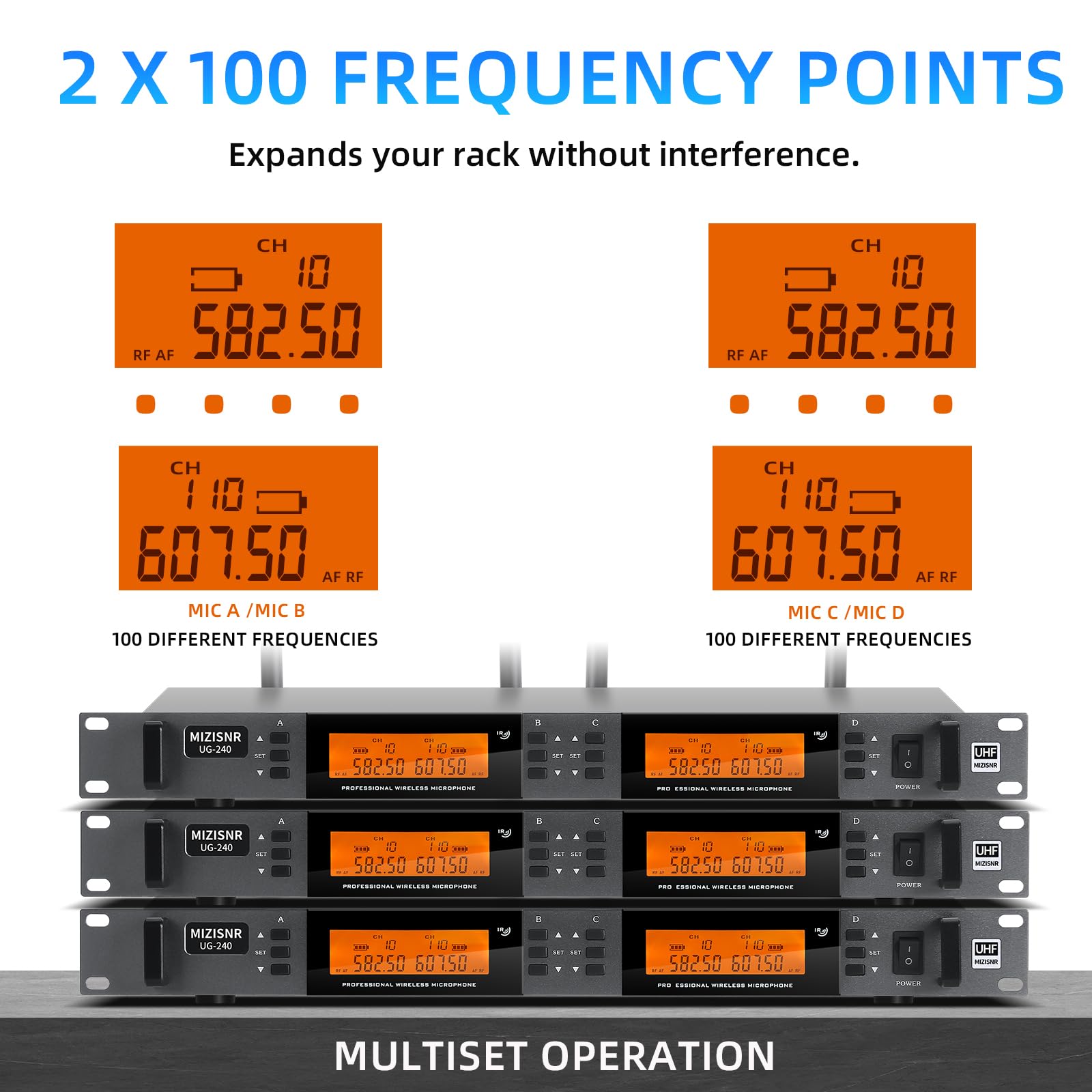 MIZISNR 4 Channel Wireless Lapel Microphone System, UHF Metal Receiver Headset Lavalier Mics Set with 4x100 Adjustable Frequency
